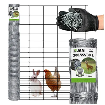 A collage of images showing a roll of wire fencing, a hand holding clips, a rabbit, a chicken, and a deer in a field.