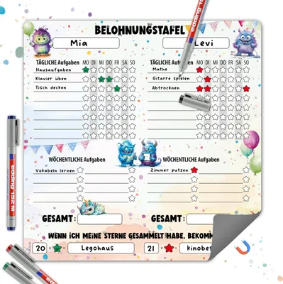 Produktbild von Magnetische Belohnungstafel Kinder – Monster Design, Platz für 2 Kinder, 4 Stifte, täglichen & wöchentlichen Aufgaben | Routine Planer Kinder für Morgen- & Abendroutine | 29,7 x 29,7 cm, abwischbar