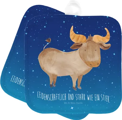 Produktbild von Mr. & Mrs. Panda Topfuntersetzer Sternzeichen Stier - Sternenhimmel Blau - Geschenk, Rind, topfhalter, Topflappen 2er Set, Ofenlappen, Kochlappen, Ochse, Geburtstag Mai