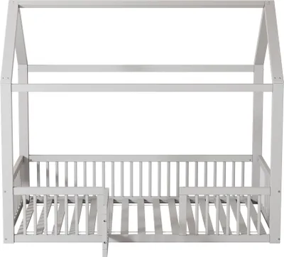 Produktbild von Merax Kinderbett 90x200cm, Hausform Bodenbett, Einzelbett mit Dach und Tür, Lattenrost, Spaßbett, Kiefernholz, Jugendbett, Massivholzbett, Weiß