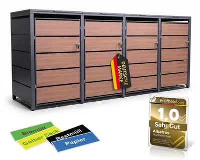 Produktbild von Mülltonnenbox 4er Holzdekor, 120L bis 240L, für Vier Tonnen, Mülltonnenverkleidung aus verzinktem Metall mit Holzdekor-Fron