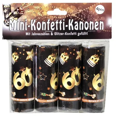Produktbild von Set Konfetti Kanonen mit Jahreszahl zum 60. Geburtstag schwarz/gold
