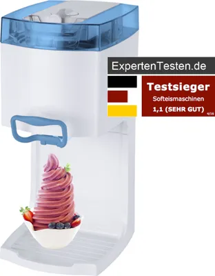 A soft-serve ice cream machine with a bowl of ice cream in front of it, and a marketing badge on the side.