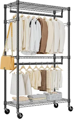 Imagen del producto de Percha robusta y con ruedas, con 3 niveles, estante de alambre ajustable, perchero con 2 barras y ganchos laterales, armario de almacenamiento, color , 40 x 75 x 189,3 cm