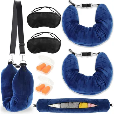 Produktbild von Befüllbares Nackenkissen 2er Set Blau mit Schlafmaske & Ohrstöpsel