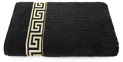 Produktbild von Luxus Medusa Saunatuch 100x200 cm - Schwarz - feinste Ringgarn Baumwolle / Jacquard Webung / Hochflor Frottee mit Medusa Flachprägung und goldener Medusa Bordüre