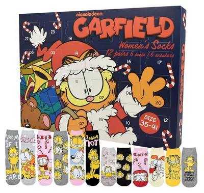 Zdjęcie produktu dla Garfield Kalendarz Adwentowy z 12 Parami Skarpetek dla Kobiet Rozmiar 35-41 Kalendarz ze Sneakersami i Długimi Skarpetkami Kalendarz Świąteczny