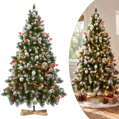 Zdjęcie produktu dla Sztuczne drzewko świąteczne XINZI, 225 cm, z wbudowanymi diodami LED, imitujące śnieg, z szyszkami, czerwonymi jagodami, solidną drewnianą podstawą, dekoracja świąteczna