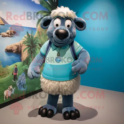 Produktbild von Cyanfarbenes REDBROKOLY Suffolk-Schaf Maskottchen kostüm bekleidet mit Bermudashorts und Armbändern