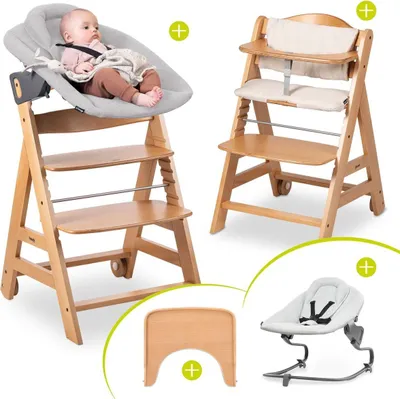 A collage of a baby high chair with different attachments and a baby in a bouncer.