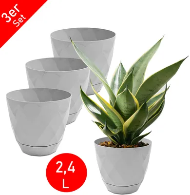 Produktbild von 3er Set Blumentopf Diamant für Blumen und Pflanzen mit Untersetzer, Pflanzkübel, Kräutertopf, Topf für Innen & Außen Grau 2,4L