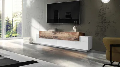 Produktbild von TV-Lowboard Rack Unterschrank Fernsehtisch HiFi Element Schrank "Catania II" Weiß Hochglanz / Ahorn Nachbildung