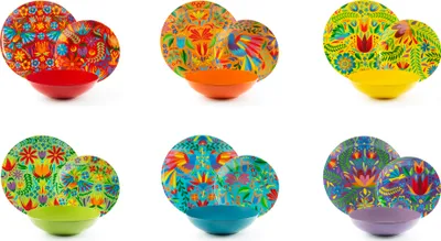 Six sets of colorful patterned plates and bowls are displayed against a white background.