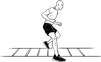 A person is shown performing an agility drill on a coordination ladder.