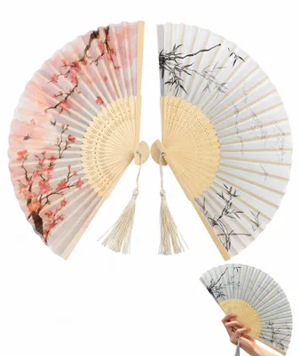 Productafbeelding van Set van 2 Vouwfans van Wit Bamboe met Perzikbloemen voor Bruiloften en Zomerdecoratie