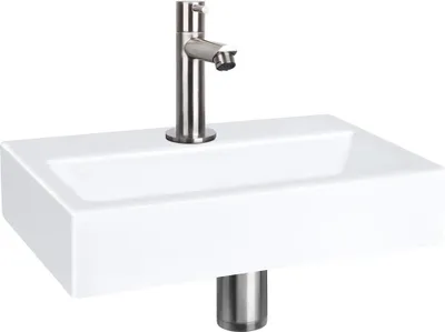 Produktbild von Differnz Flat Waschbecken-Set 38x24x7 cm - Keramik Becken Mit Kaltwasserhahn - Gerade Armatur Mattchrom - Mit Siphon & Ablauf - Gäste-WC Waschbecken - Rechteckig Weiß