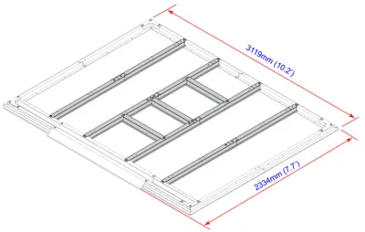 An isometric view of a metal substructure for a floor frame, with dimensions indicated.