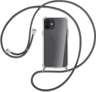 Produktbild von Handykette Backcover-Schutzhülle mit Band (Metall silberfarben) für Apple iPhone 12, 12 Pro - dunkelgrau
