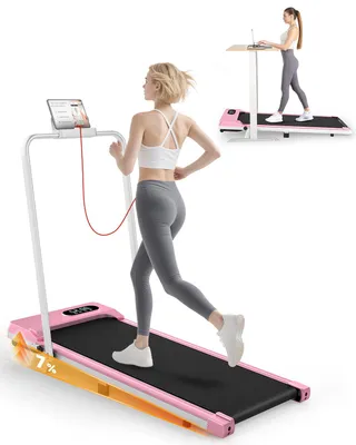Image de Tapis de course pliables - 4 en 1 Walking Pad avec 7% d'inclinaison pour la maison - 1-8 km/h - 2.5 ps Tapis de marche Tapis de course - Rose