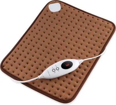 A brown heating pad with a white controller and display.