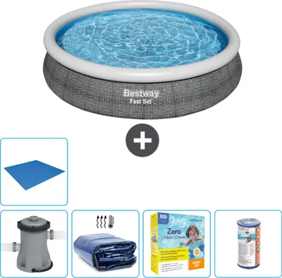 Immagine prodotto di Piscina gonfiabile rotonda Bestway a presa rapida - stampa rattan - 366 x 76 cm - inclusa pompa - tenda da sole - pacchetto manutenzione - filtro - telo di protezione