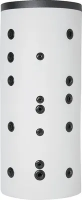 A white cylindrical water tank with multiple black connection ports.