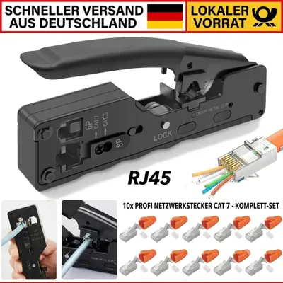 Produktbild von RJ45 Crimpzange Set mit 10 Cat7 Steckern, Netzwerkzange für Cat5e Cat6 Cat6A Cat7, Abisolierer und Schneidwerkzeug
