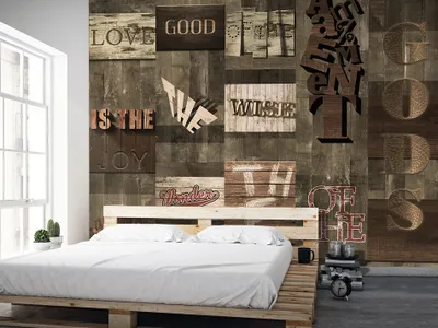 Produktbild von PURO TAPETE - Realistische Tapete ohne Rapport und Versatz 10m Vlies Tapetenrolle Wandtapete modern design Fototapete - Zitat Aufschrift Liebe Love Bretter Holz m-A-0598-j-b