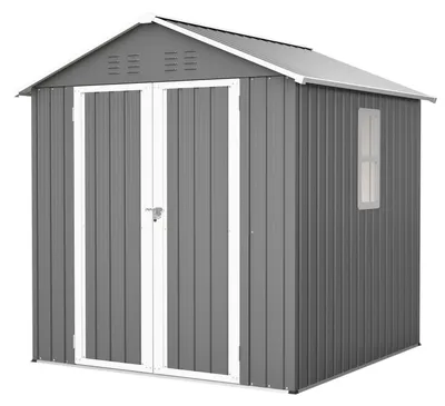Obrázek produktu pro Kovová zahradní budka, rozměry 185x182x191 cm, s oknem a sedlovou střechou, odolná vůči povětrnostním vlivům, šedá barva
