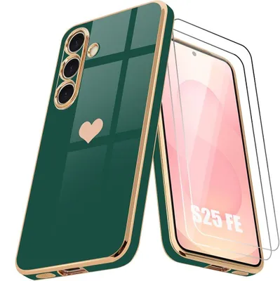 Image de Coque + 2 Verres Trempés pour Samsung Galaxy S25 FE, Silicone Motif Coeur Protection Antichoc Souple Vert Nuit