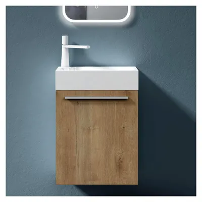 Produktbild von Badezimmer-Set Waschplatz Badmöbel Gäste WC Waschbecken Waschtisch mit Unterschrank in Kerneiche