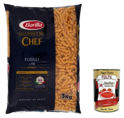 Produktbild von Barilla Pasta Selezione Oro Chef Fusilli n°98 italienisch Nudeln 3kg pack + Italian Gourmet polpa 400g