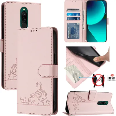 Produktbild von Leder Hülle für Xiaomi Redmi 8 Süße Katze Flip Case Brieftasche Schutzhülle mit Standfunktion Pink