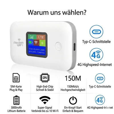 Produktbild von Gaming 4G LTE Mobile WLAN Router mit SIM-Karte, 150 Mbit/s Hotspot, USB-C, 2100mAh Akku, Bis 10 Nutzer