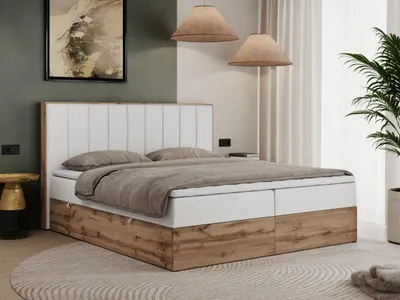 Produktbild von MKS MEBLE Boxspringbett 200x200 mit Bettkasten Eiche, Polsterbett 200x200 mit Matratze H4, Bett 200x200 mit Kopfteil, Bett mit Holzrahmen in Wotan Eiche - Weiß Kunstleder - Bellissimo