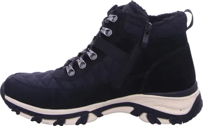 A side view of a black boot.
