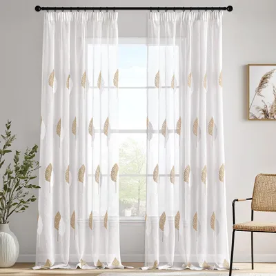 Immagine prodotto di Tende con balze - Tenda per soggiorno, motivo a foglie marrone e bianco