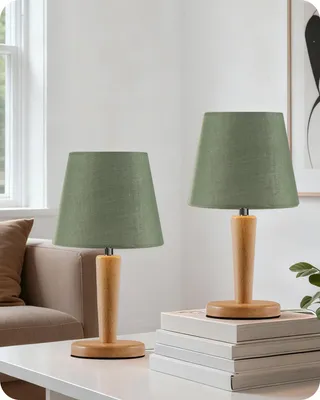 Immagine prodotto di Lampada da comodino in legno, set da 2, lampada da tavolo verde con paralume in lino