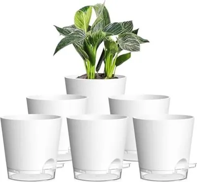 Produktbild von 6er Set Selbstbewässerungstopf - 15cm Blumentopf mit Bewässerungssystem, selbstwässernder Blumentopf in Matter Optik, für Balkon Innenbereich, Weiß mit klarem Untersetzer