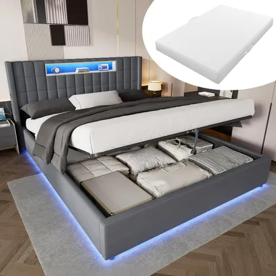 Produktbild von okwish Jugendbett 180×200 mit Matratze und Ladefunktion,Polsterbett mit offenen Fächern und LED,Doppelbett mit Bettkasten,Grau