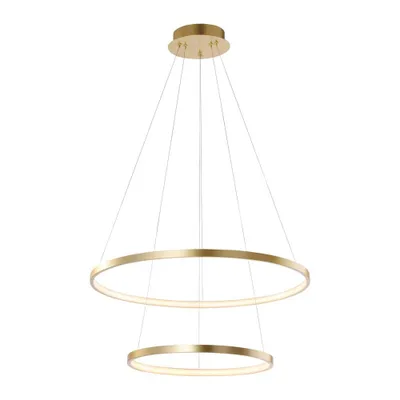 A gold-colored, two-tiered LED pendant light with a modern, circular design, suspended from a ceiling mount by thin wires against a white background.