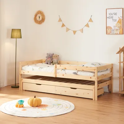 Produktbild von Doppel-Kinderbett 'Sonkajärvi' mit Schubladen 90x200cm Kiefernholz Natur