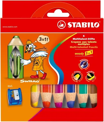 Produktbild von Holzfarbstift woody 3 in 1 Kartonetui mit 6 Stiften und 1 Spitzer Packung mit 5 Stück