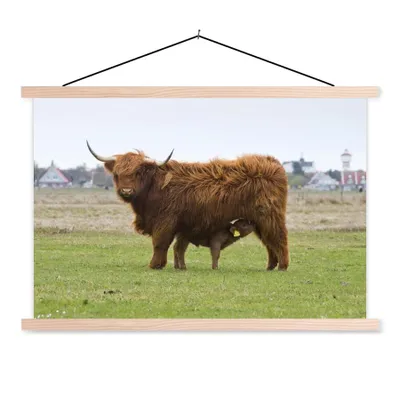 Produktbild von MuchoWow® Textilposter Schottischer Highlander - Kuh - Gras 120x80 cm mit holzfarbenen Rahmen - Aufhängeset