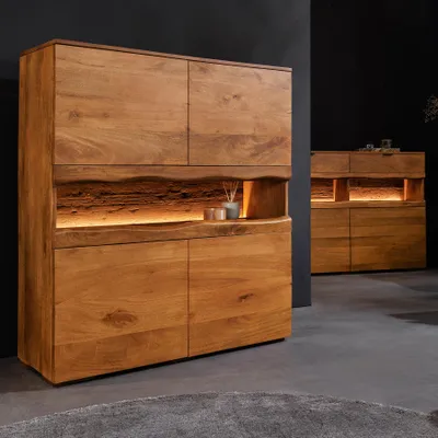 Produktbild von riess-ambiente Highboard GRAND 120cm braun massives Mangoholz LED-Beleuchtung 4 Türen Push-to-open
