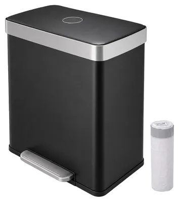 Productafbeelding van Relaxdays Vuilnisbak, 2 compartimenten, 2x30 liter, uitneembare binnenbakken, soft-close deksel, voetpedaal, roestvrij staal, afvalbak voor de keuken, zwart, AI-gegenereerde afbeelding