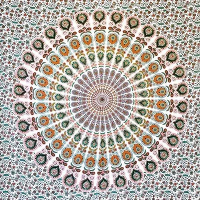 Produktbild von Unyqoos® Mandala-Wandteppich 135x210 cm – 100% Baumwolle, weiß & lachs, Boho-Wandbehang für Wanddeko, Yoga, Pilates & Picknick