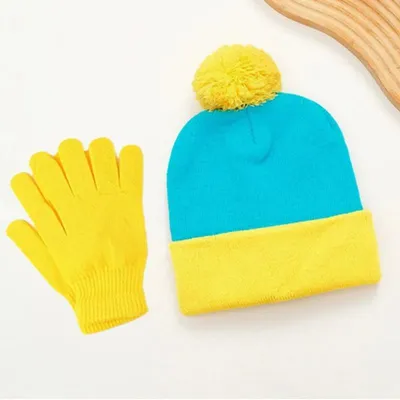 Produktbild von 2er Set Weihnachts-Beanie Mütze & Handschuhe Uni Strickmütze Winter Kostüm Cosplay Halloween Neujahr - Farbe: Mütze & Handschuhe Türkis-Gelb