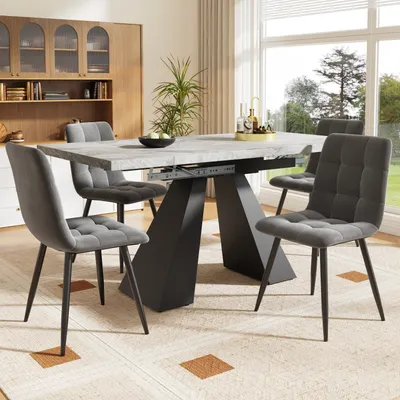 Produktbild von Flieks Essgruppe 5-tlg, Rechteckig Ausziehtisch in Marmoroptik, Esstisch mit 4 Esszimmerstühle, Polsterstühle mit Samtbezug, grauer Tisch, graue Stühl