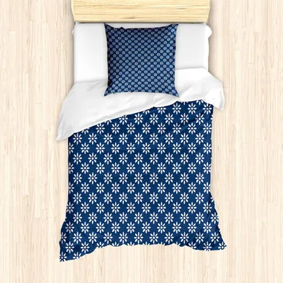 Obrázok produktu pre ABAKUHAUS Indigo obliečka na perinu, inšpirovaná starovekými gréckymi dlaždicami, s motívom jarných sedmokrások a kvetinovými detailmi, 135 x 200 cm + 80 x 80 cm, námornícka modrá a biela